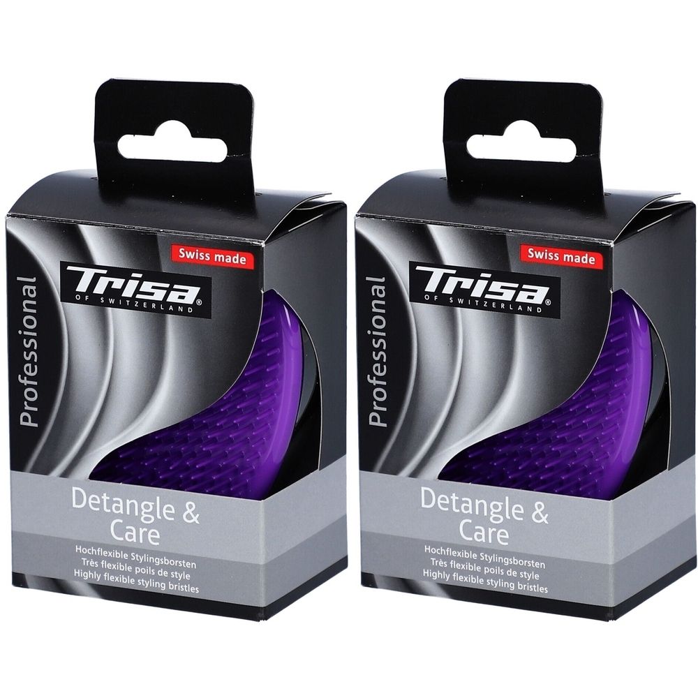 Deux boîtes noires avec brosses à cheveux violettes. Inscription : Trisa, Detangle & Care, Swiss made.