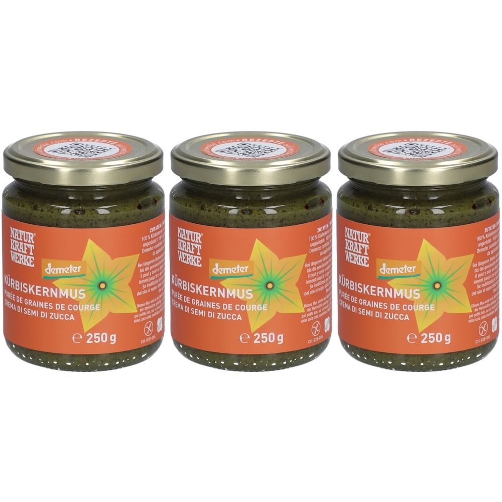Trois pots de purée de graines de courge. Inscription: NATURKRAFTWERKE, purée de graines de courge, label demeter, 250g.