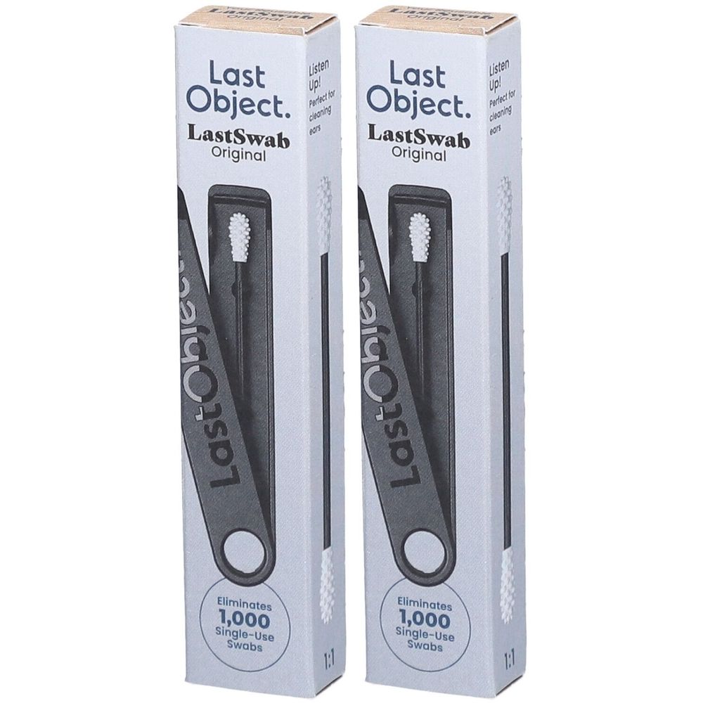 Deux boîtes de cotons-tiges réutilisables. Inscription : LastObject, LastSwab Original. Élimine 1 000 cotons-tiges à usage unique.
