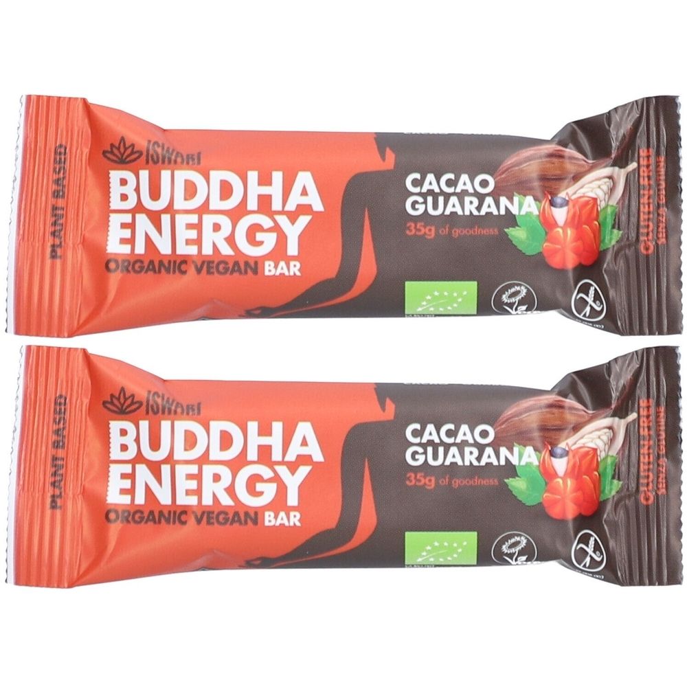 Deux barres "Buddha Energy". Inscription "Cacao Guarana". Label bio et sans gluten.