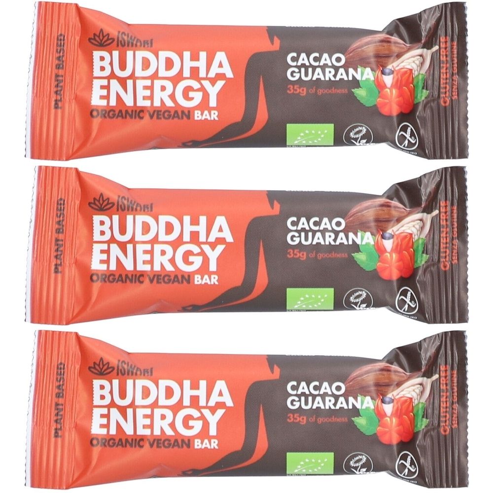 Trois barres. Inscription: BUDDHA ENERGY ORGANIC VEGAN BAR, CACAO GUARANA. Avec label bio. Emballage marron et orange.