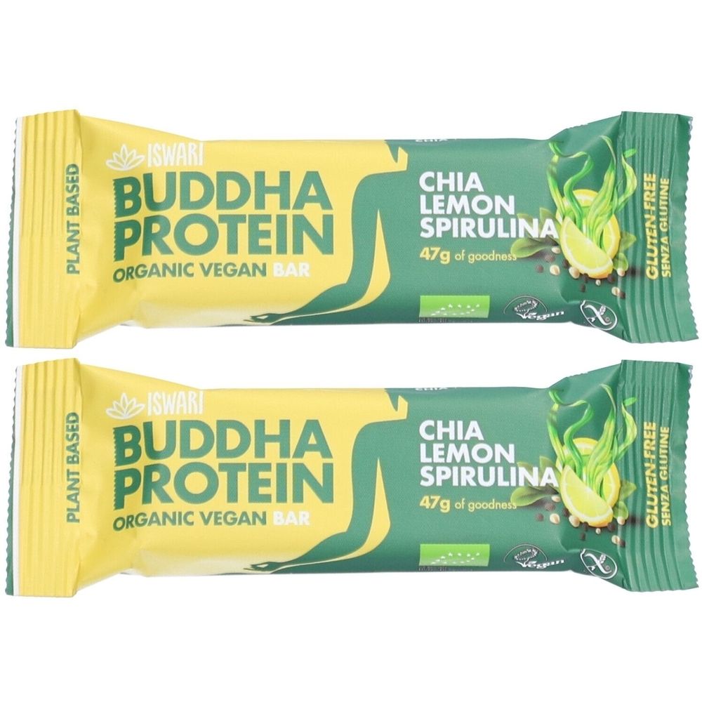 Deux barres protéinées BUDDHA PROTEIN, Chia, citron, spiruline. Sans gluten, végétalien, qualité biologique.