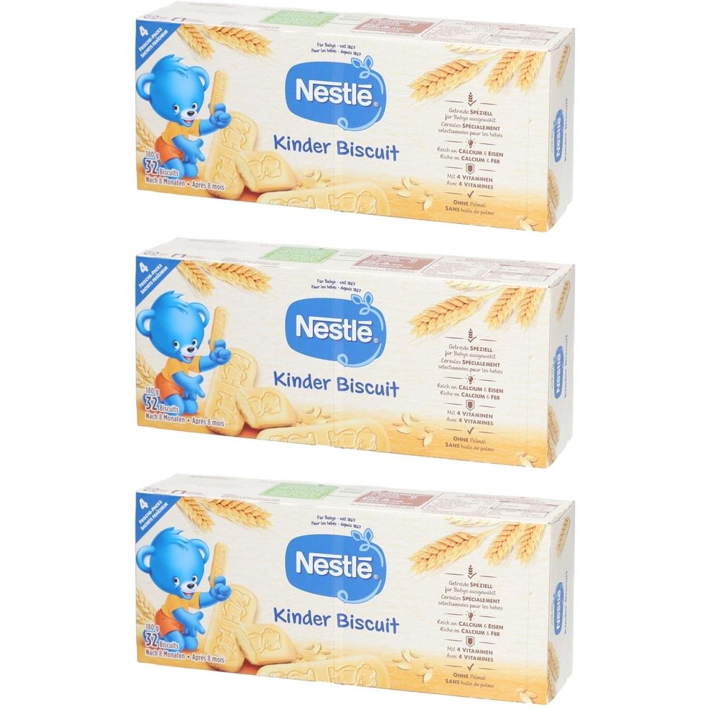 Trois boîtes de biscuits Nestlé Kinder. Emballage blanc avec logo bleu et ours. Inscription : Kinder Biscuit.
