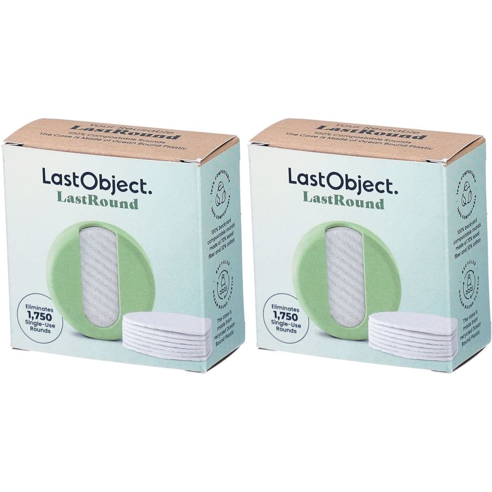Deux boîtes de tampons démaquillants. Marque LastObject, LastRound. Tampons blanc et vert, étui vert. Texte: 1 750 Single-Use Rounds.