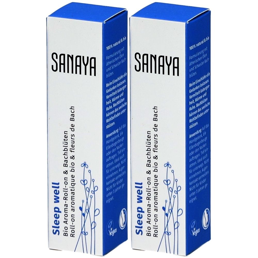 Deux boîtes bleues avec texte blanc. Inscription: SANAYA, Sleep well, Bio Aroma-Roll-on & Bachblüten. Label végétalien.