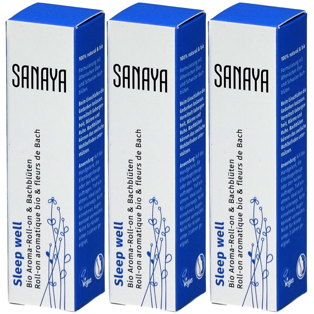 Trois boîtes blanches à couvercle bleu. Inscription SANAYA, Sleep well, Bio Aroma-Roll-on & Bachblüten. Label Vegan.