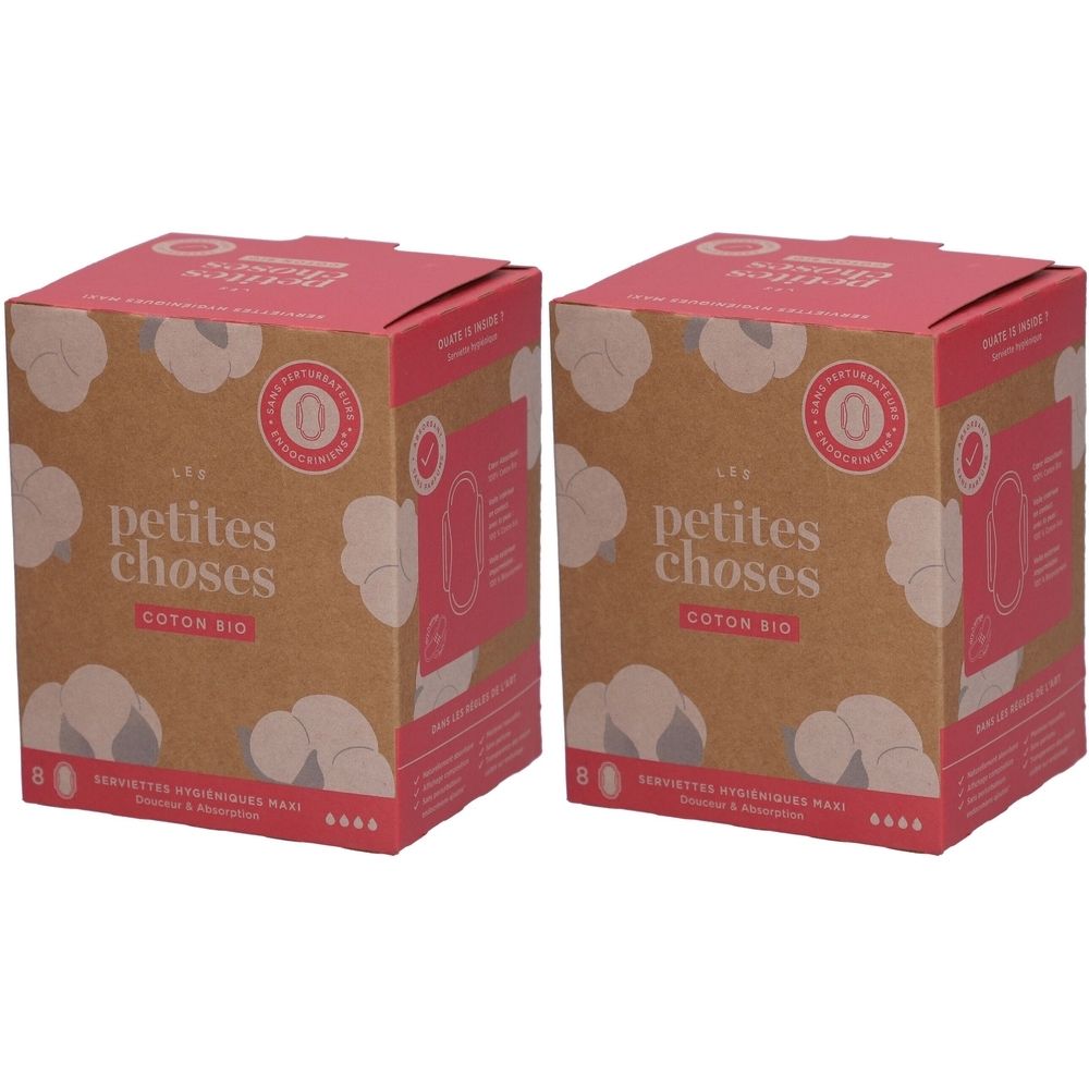 Deux boîtes de serviettes hygiéniques en coton bio. Inscription : LES PETITES CHOSES, COTON BIO. Couvercles roses, côtés bruns avec illustrations de coton.