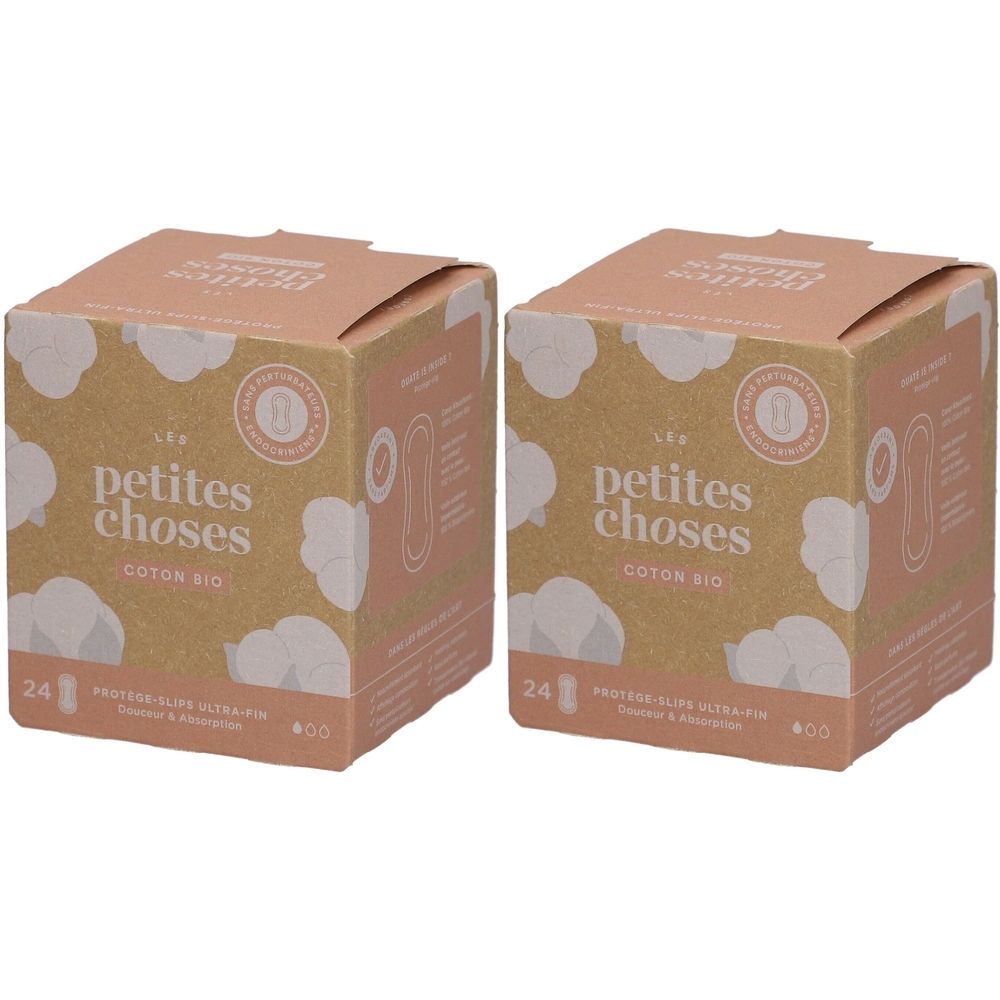 Deux boîtes de protège-slips. Inscription : petites choses, Coton Bio. 24 unités par paquet.