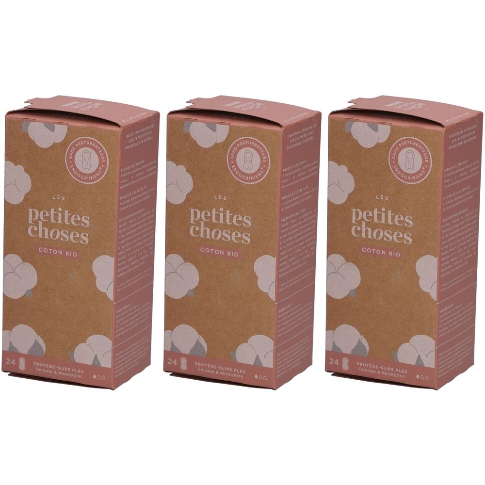 Trois boîtes de protège-slips. Inscription: LES PETITES CHOSES, coton bio, 24 pièces. Couvercles roses et logo.
