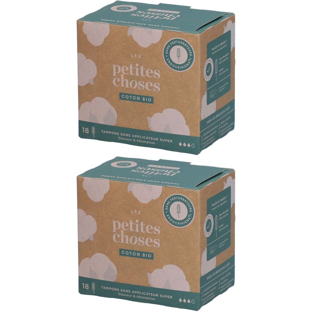 Deux boîtes de tampons. Inscription: petites choses, Coton Bio, 18 unités, sans applicateur, Super.