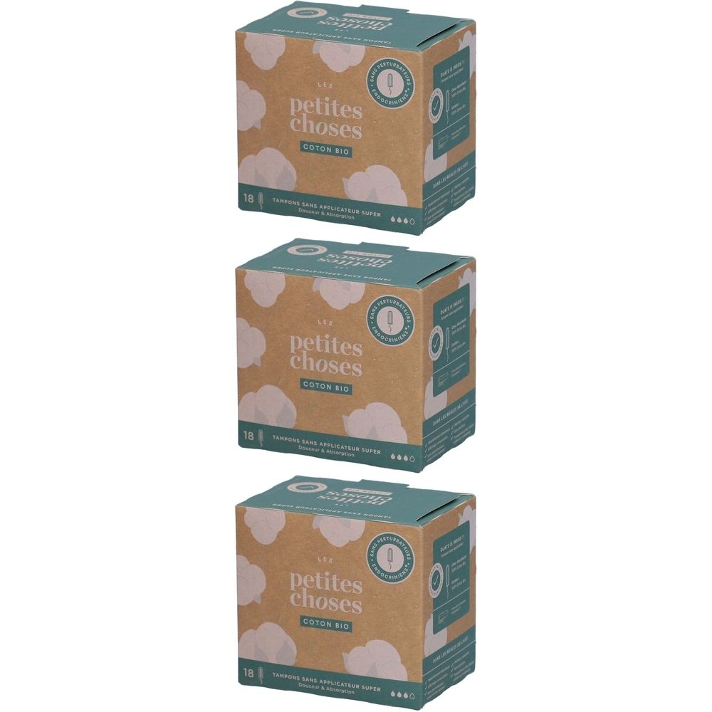 Trois boîtes carrées. Inscription: LES PETITES CHOSES, Cotton Aid. Emballage vert-brun avec nuages blancs. 16 unités.