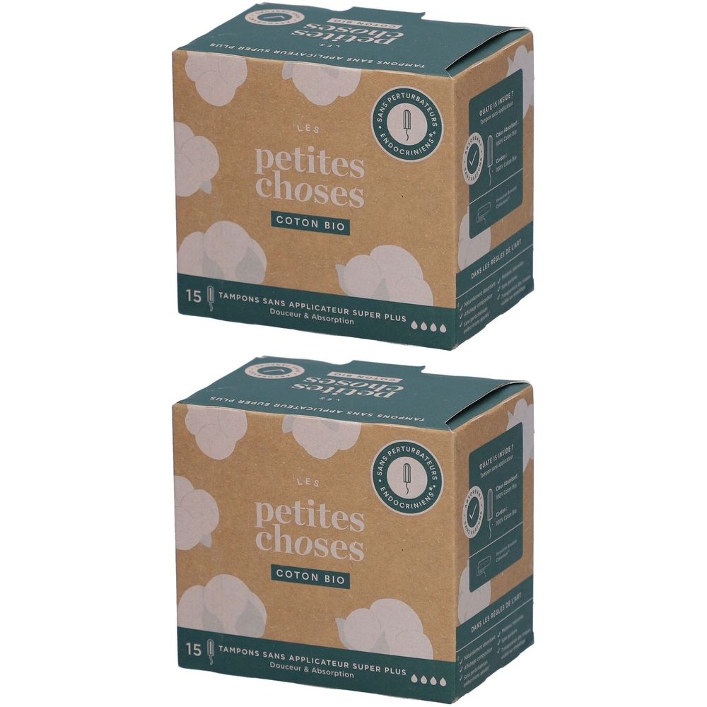 Deux boîtes de tampons. Inscription: LES PETITES CHOSES, Coton Bio, 15 pièces, sans applicateur, Super Plus.