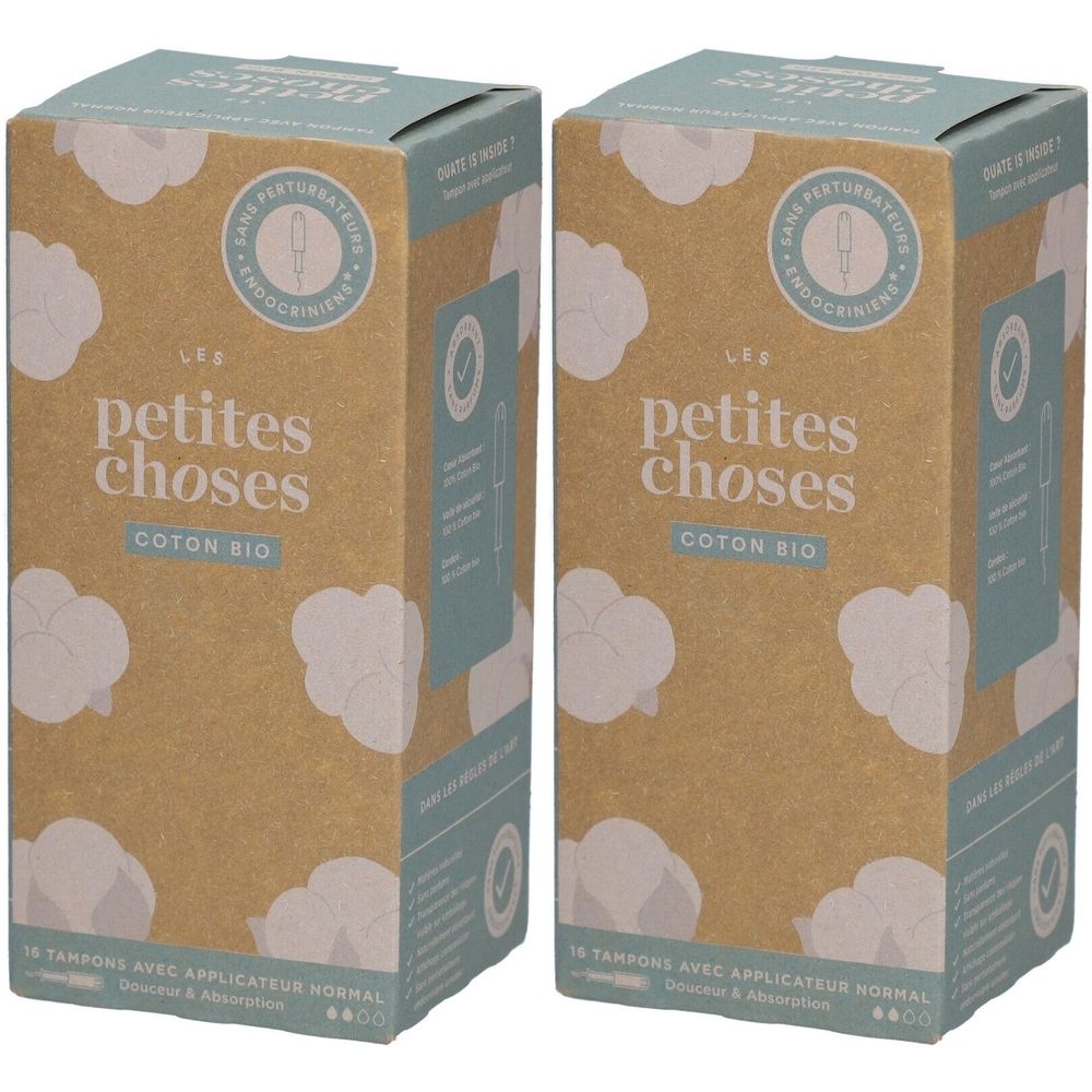 Deux boîtes de tampons. Inscription: LES PETITES CHOSES COTON BIO. Avec applicateur. Sans perturbateurs endocriniens et parfum.