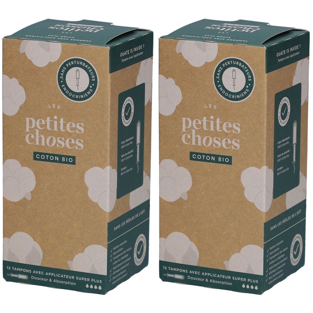 Deux boîtes de tampons. Inscription: petites choses, Coton Bio. Avec applicateur. Emballage vert et marron.