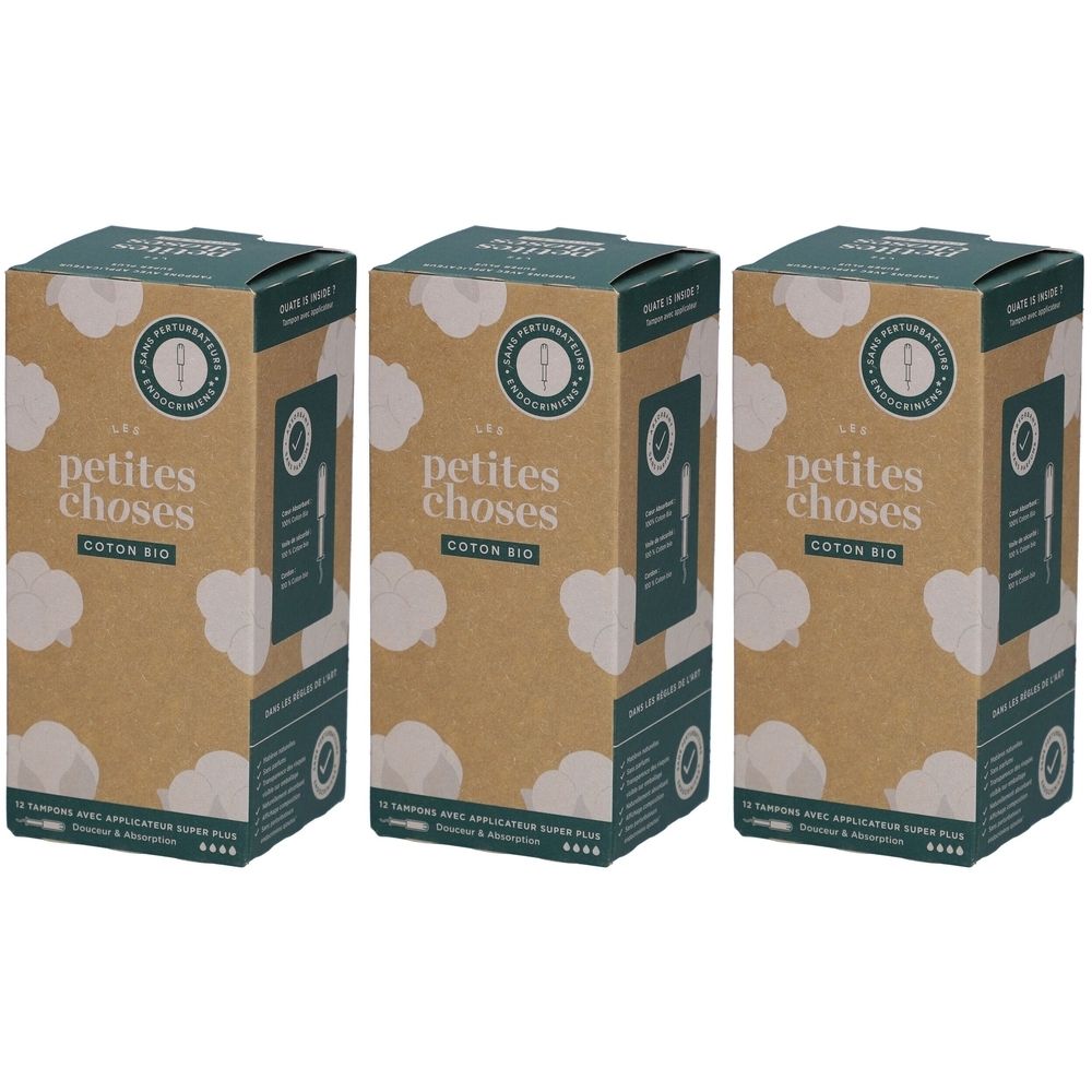 Trois boîtes de tampons. Inscription: petites choses, Coton Bio. Emballage avec motif de nuages et accents verts.
