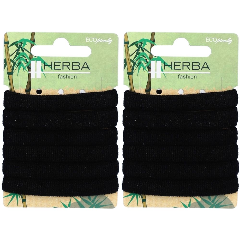 Deux paquets d'élastiques noirs. Chaque paquet contient plusieurs élastiques, présentés sur des cartons avec logo et motif bambou.