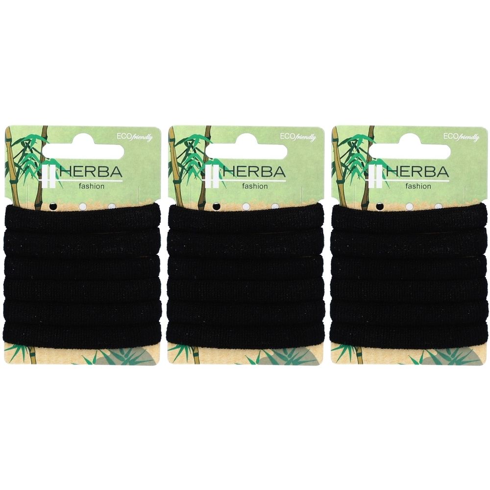 Trois paquets d'élastiques noirs. Chaque paquet avec le logo HERBA et un motif bambou. Label Eco-Friendly.