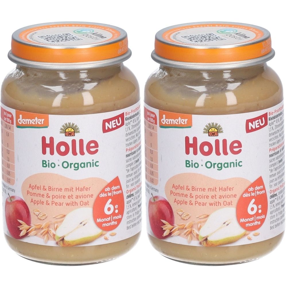 Deux pots Holle Bio-Organic Pomme & poire et avoine. Inscription : 6+ mois. Label Demeter. Couvercles oranges, pots transparents.