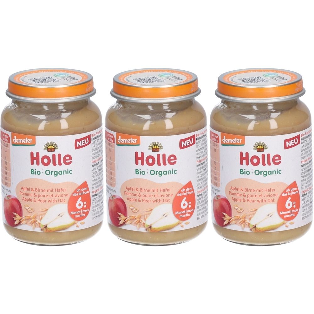 Trois pots de Holle Bio-Organic Pomme & Poire avec Avoine. Pots avec couvercles, étiquettes avec pomme, poire et avoine. Recommandé pour 6 mois.