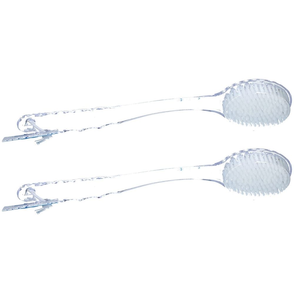 Deux brosses de bain en plastique transparent avec long manche et tête ovale.