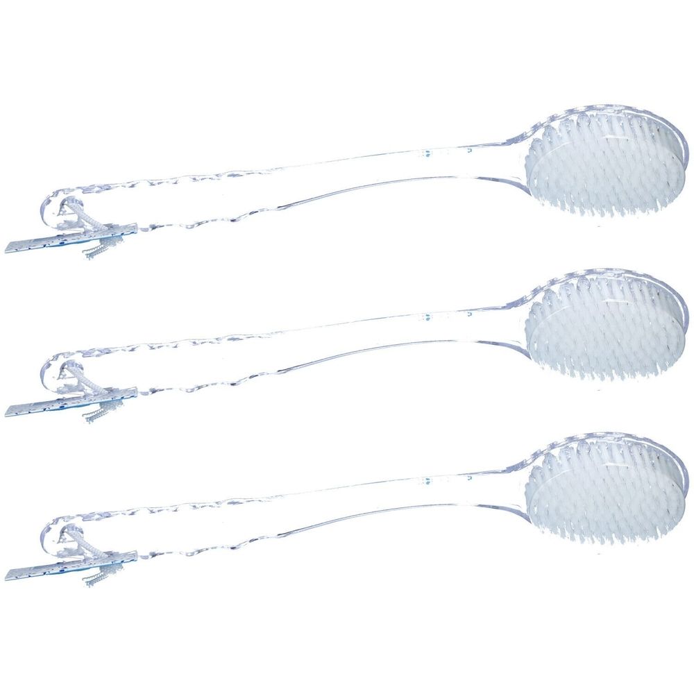 Trois brosses de bain transparentes en plastique avec long manche et poils. Avec suspension.