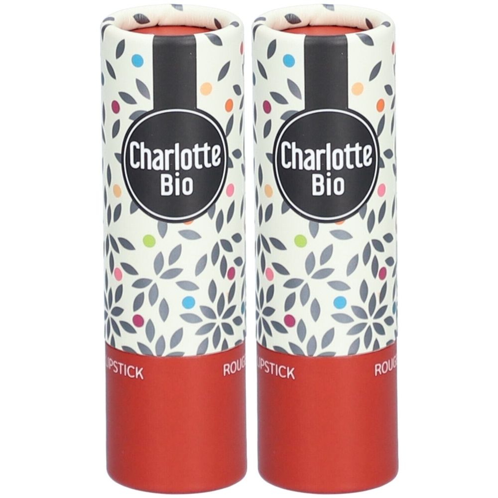 Deux tubes de rouge à lèvres. Cylindres en carton avec motifs floraux et base rouge. Logo noir: Charlotte Bio.