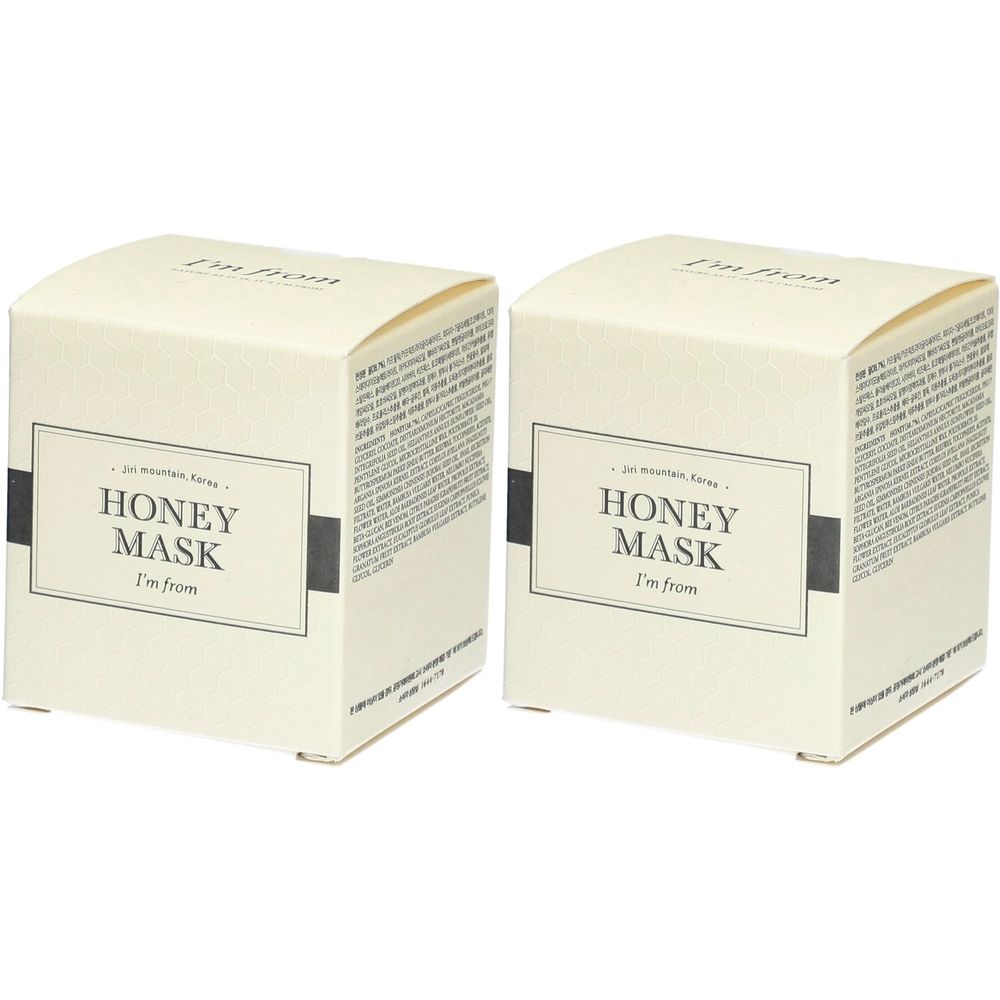 Deux boîtes crème. Sur le devant, un rectangle avec "HONEY MASK I'm from". Texte sur les côtés.