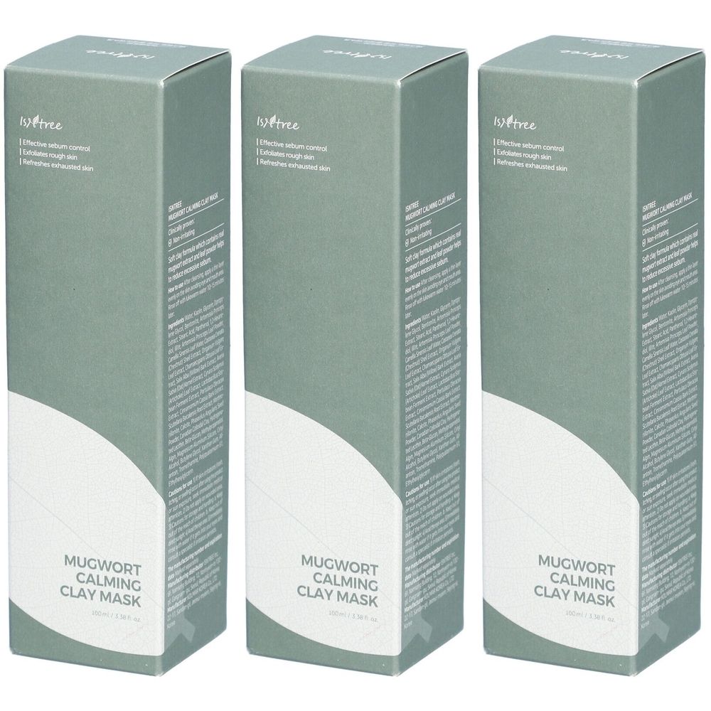Trois boîtes vertes. Inscription: Mugwort Calming Clay Mask. Marque: Isntree. Texte: Apaise, contrôle le sébum, lisse la peau rugueuse.