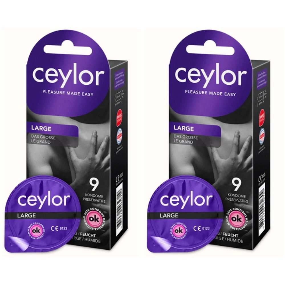 Deux boîtes de préservatifs. Inscription "ceylor", "LARGE", "9 préservatifs". Emballage violet avec sceau "ok".