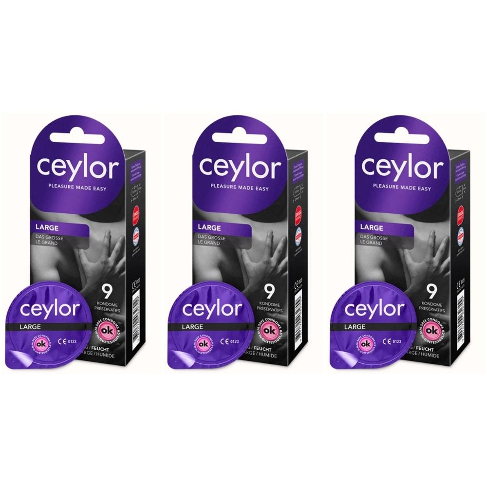 Trois boîtes de préservatifs Ceylor Large. Chaque boîte contient 9 préservatifs. Des préservatifs individuels sont également visibles.