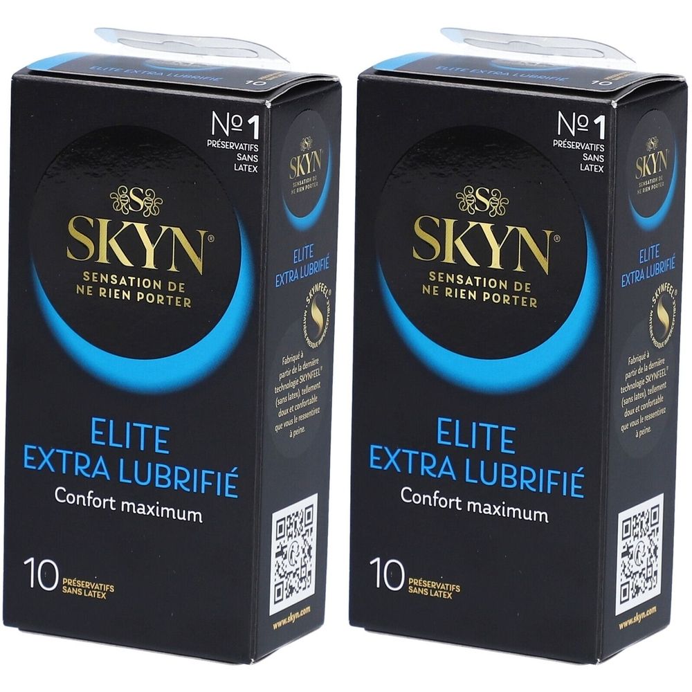 Deux boîtes de préservatifs. Inscription: SKYN, Elite Extra Lubrifié, Confort maximum. 10 unités. Sans latex.