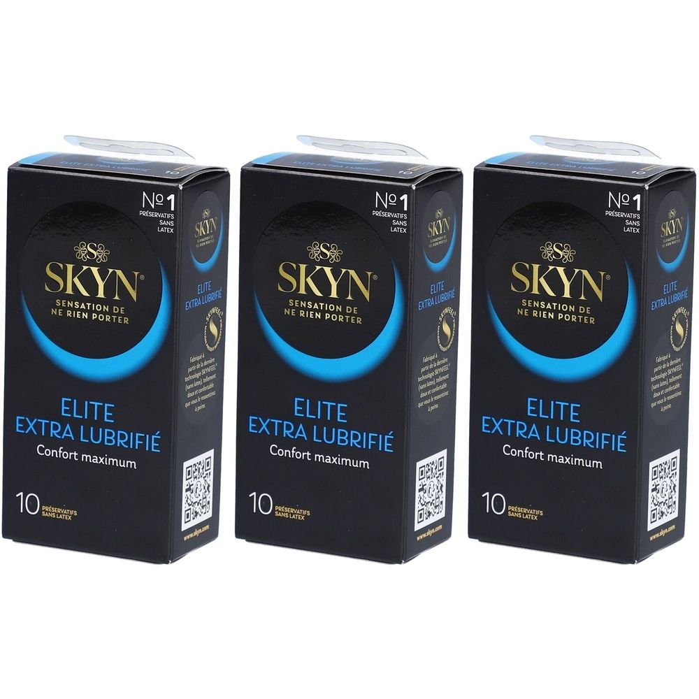 Trois boîtes de préservatifs. Chaque boîte indique "SKYN ELITE EXTRA LUBRIFIÉ". Chaque boîte contient 10 préservatifs.