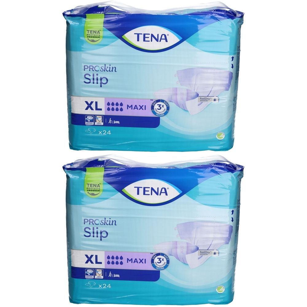 Deux paquets de TENA ProSkin Slip Maxi XL emballés sous film plastique. Inscriptions : marque, nom du produit, taille, absorption et quantité.