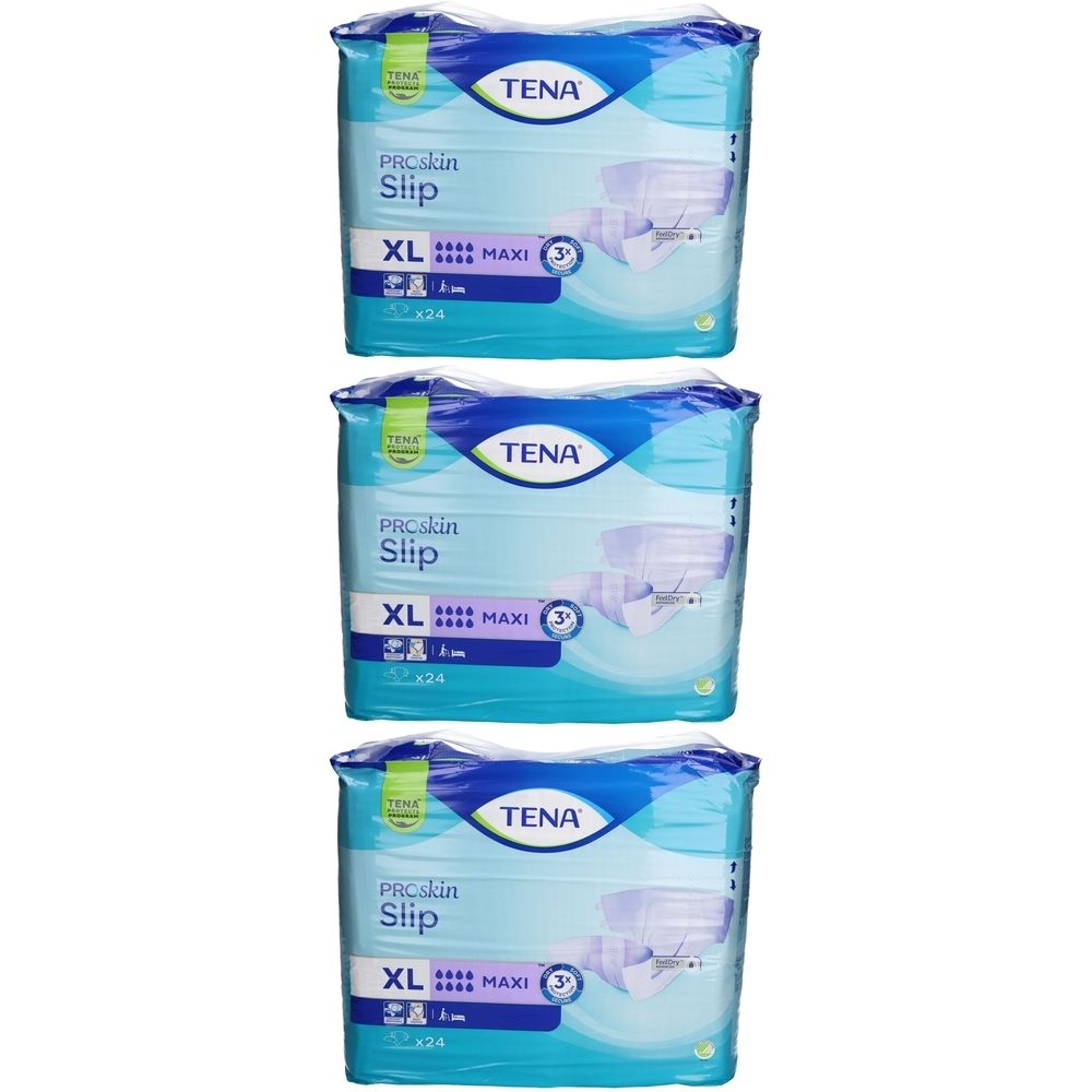 Trois paquets de TENA ProSkin Slip Maxi XL. Emballage avec nom du produit, taille et capacité d'absorption. Emballage bleu et blanc.