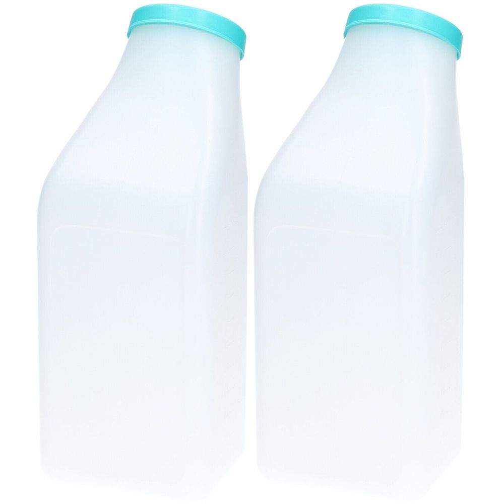 Deux flacons d'urine blancs avec couvercles turquoise. Forme carrée avec dessus incliné. Sans poignée.