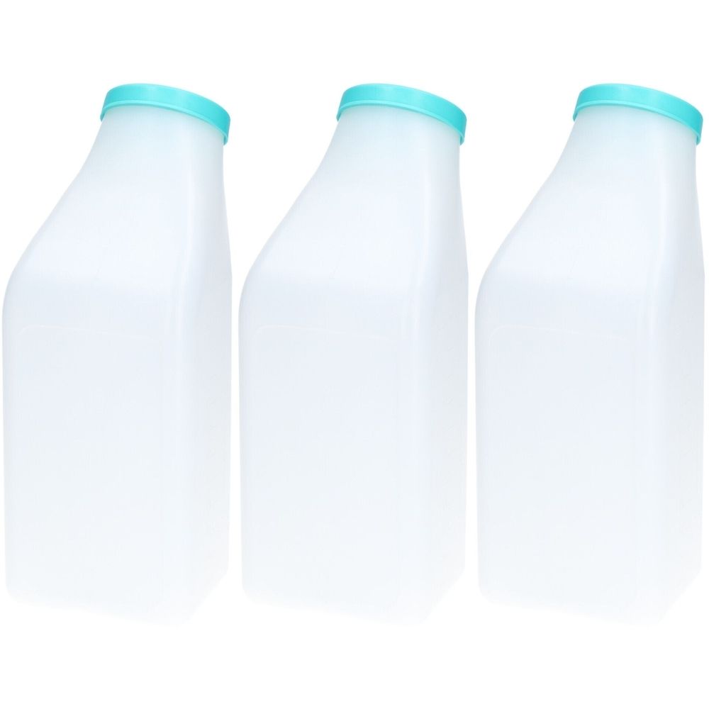 Trois flacons d'urine blancs avec couvercles bleu clair. Forme angulaire avec dessus biseauté. Sans poignée.