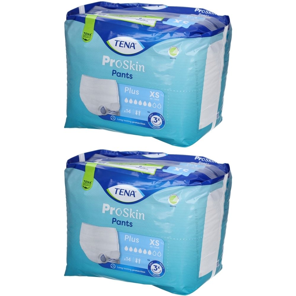 Deux paquets de TENA ProSkin Pants Plus XS. Emballage bleu avec image du produit et nom de la marque. Taille XS.