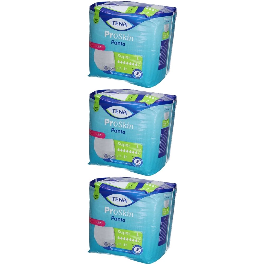 Trois paquets de TENA ProSkin Pants Super L. Emballage bleu avec nom du produit et indication d'absorption.