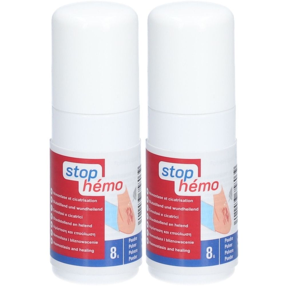 Deux flacons blancs avec une bande rouge. Inscription: stop hémo. Texte en plusieurs langues. 8.