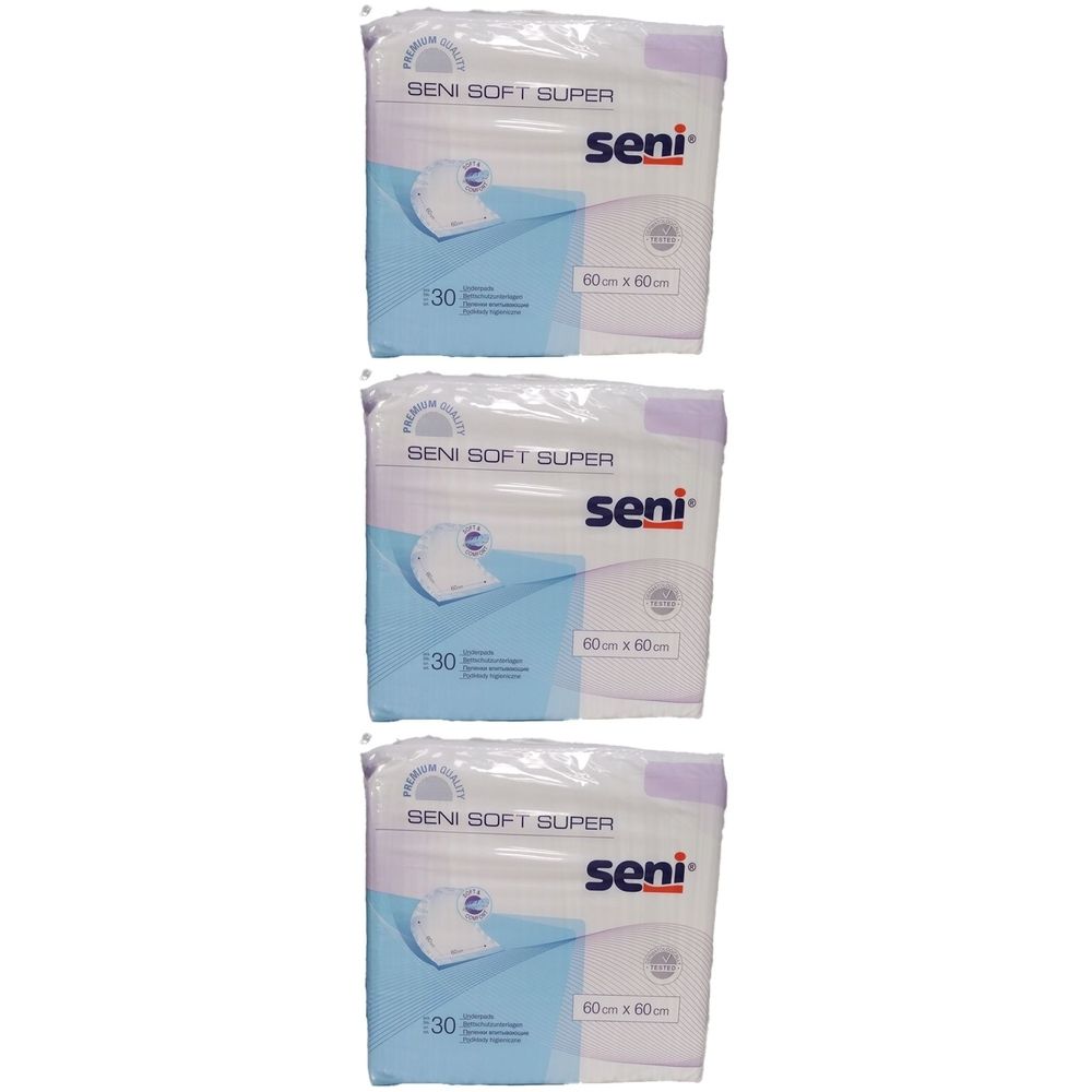 Trois paquets de protections de lit Seni Soft Super. Chaque paquet affiche le logo Seni, la taille 60x60 cm et le nombre 30.