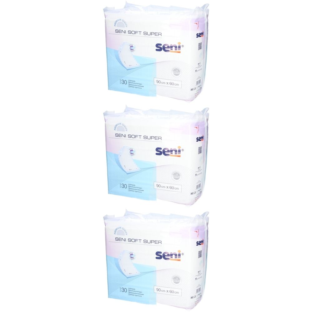 Trois paquets de SENI Soft Super Alèses. Chaque paquet contient 30 unités. Inscription : 90 cm x 60 cm. Marque Seni.