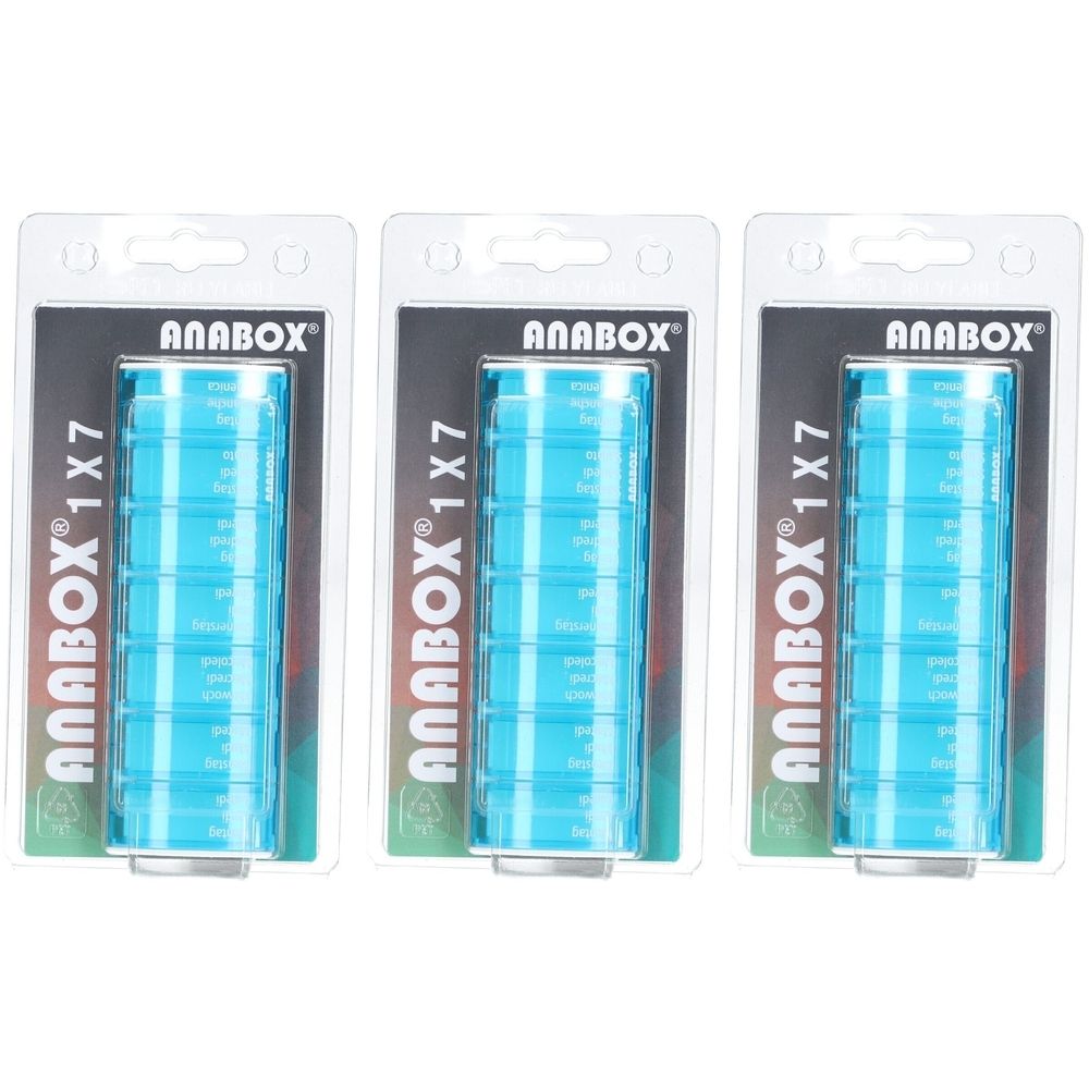 Trois piluliers turquoise sous blister. Inscription : ANABOX 1x7.