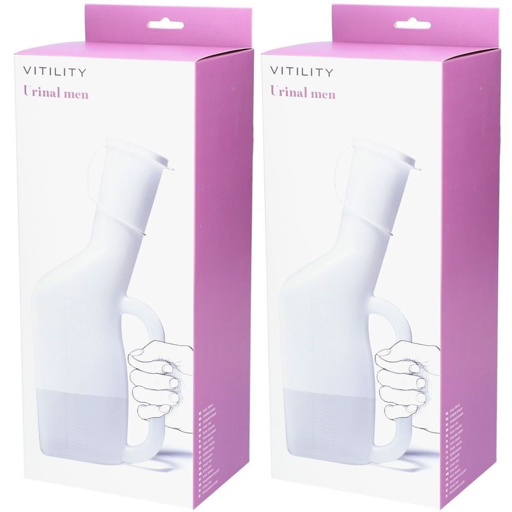 Deux urinoirs blancs pour hommes dans des boîtes. Inscription : VITILITY Urinal men. Emballage rose avec dessin de main.