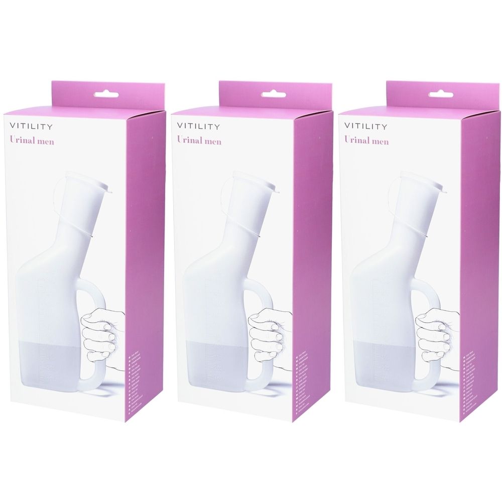 Trois urinoirs blancs pour hommes dans des emballages. Inscription : VITILITY Urinal men.