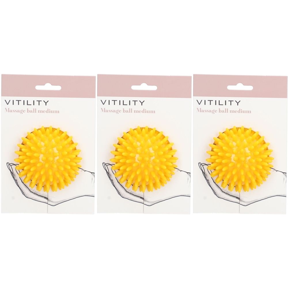 Trois balles de massage jaunes à picots, emballées. Inscription: VITILITY Massage ball medium.