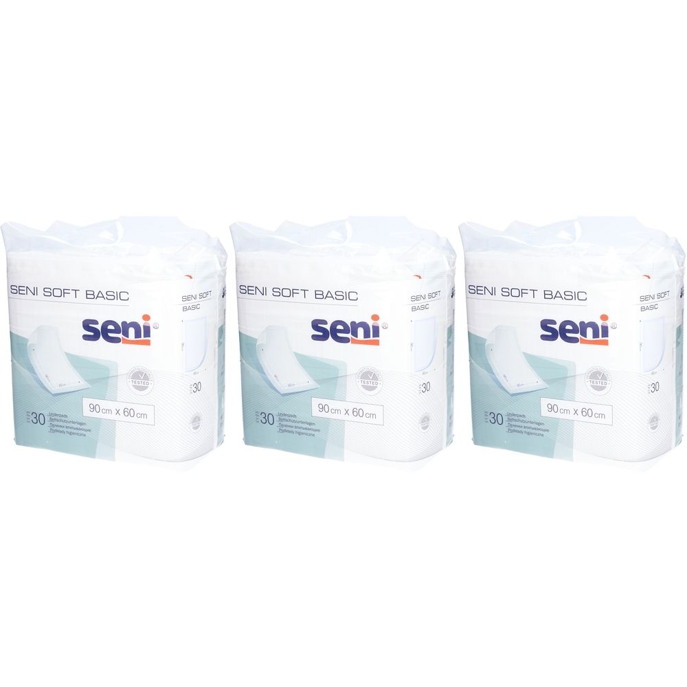 Trois paquets de protections SENI Soft Basic. Chaque paquet contient 30 unités. Dimensions : 90x60cm. Marque SENI.