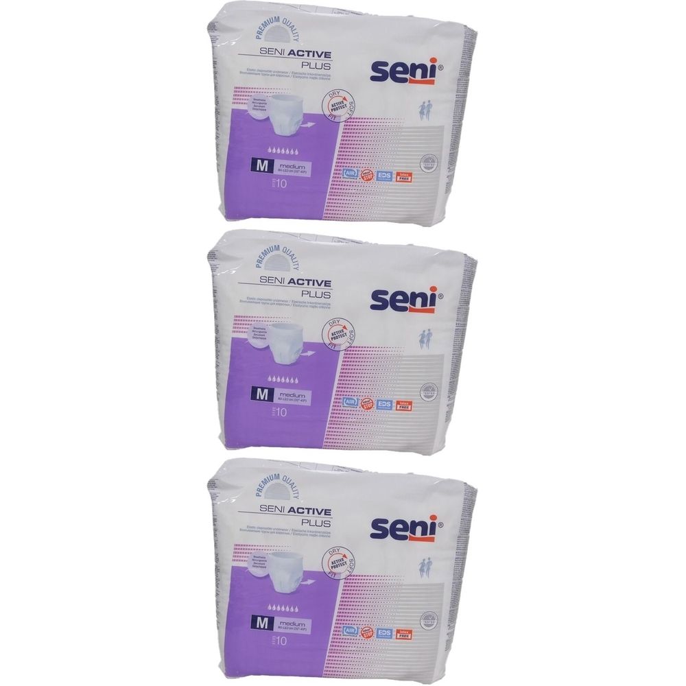 Plusieurs paquets de protections absorbantes SENI Active Plus. Taille M, avec des accents violets et des informations sur le produit. Marque SENI.