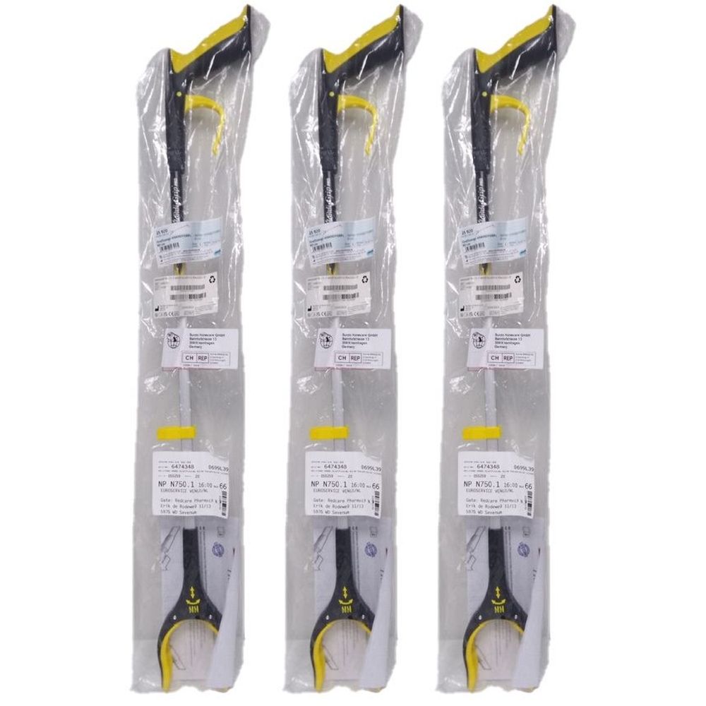 Trois pinces de préhension emballées. Poignées noires avec éléments jaunes. Mâchoires de préhension jaunes.