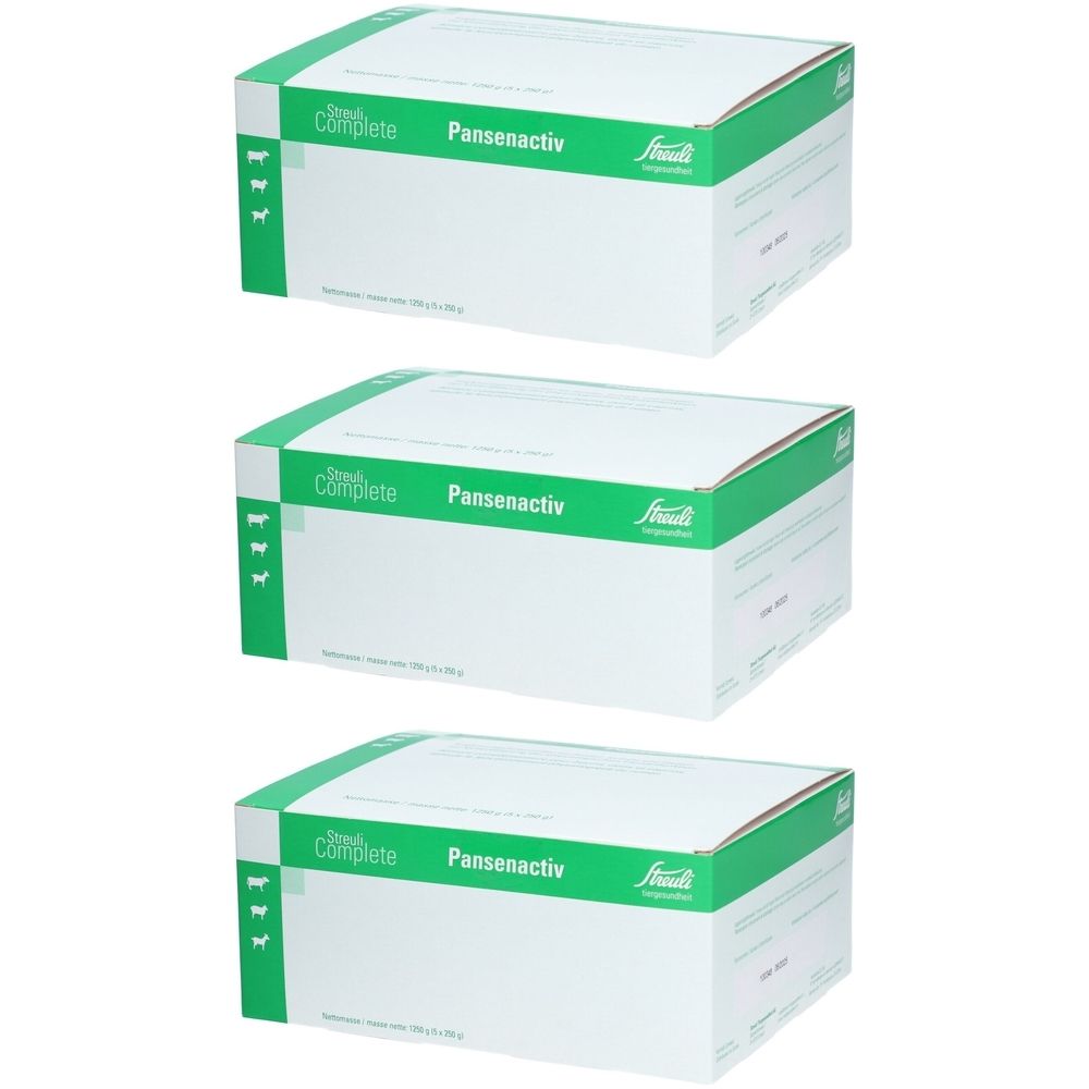 Trois boîtes blanches avec des accents verts. Inscription : Streuli Complete Pansenactiv. Logo Streuli.