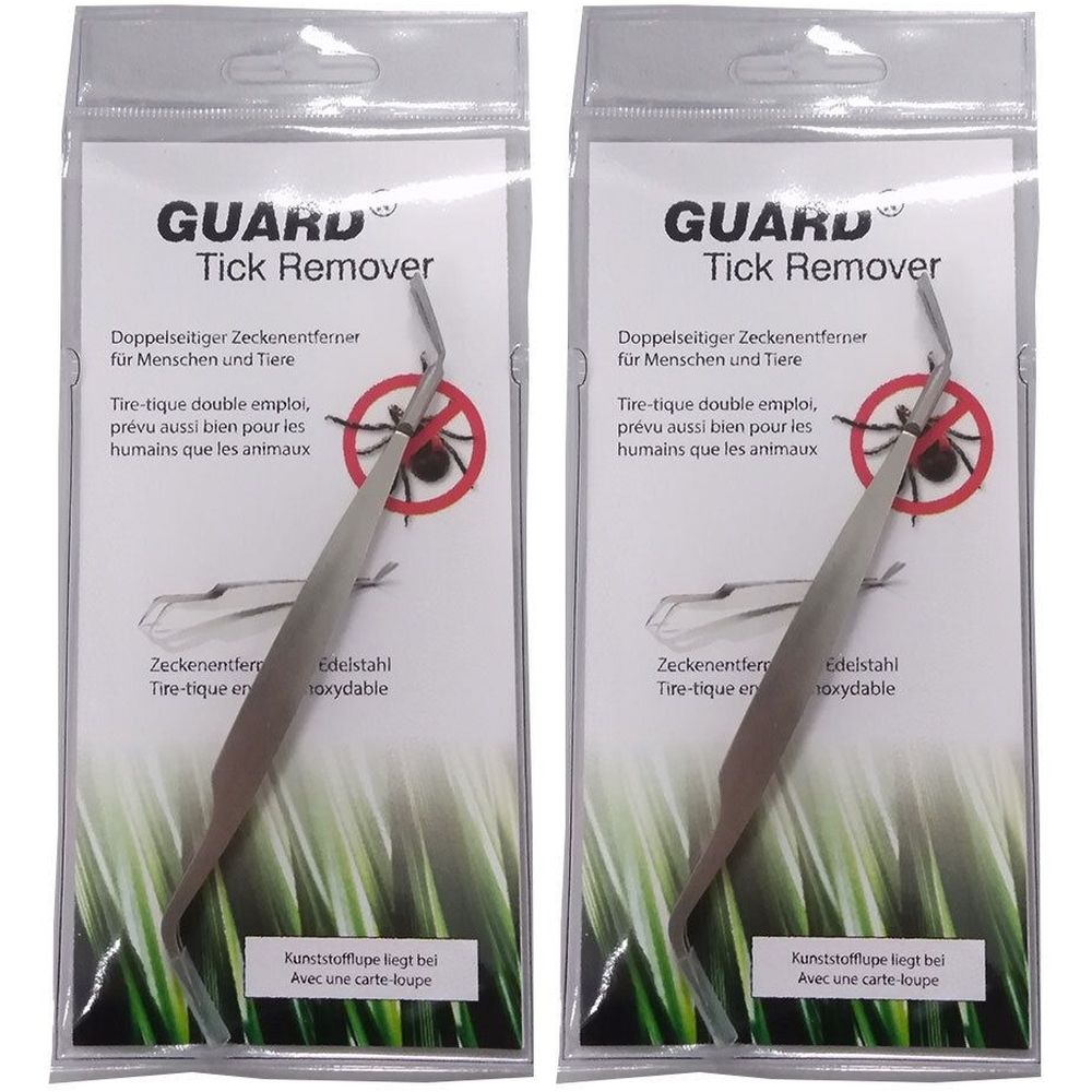 Deux tire-tiques dans un emballage plastique. Inscription GUARD Tick Remover. Double emploi, pour humains et animaux.